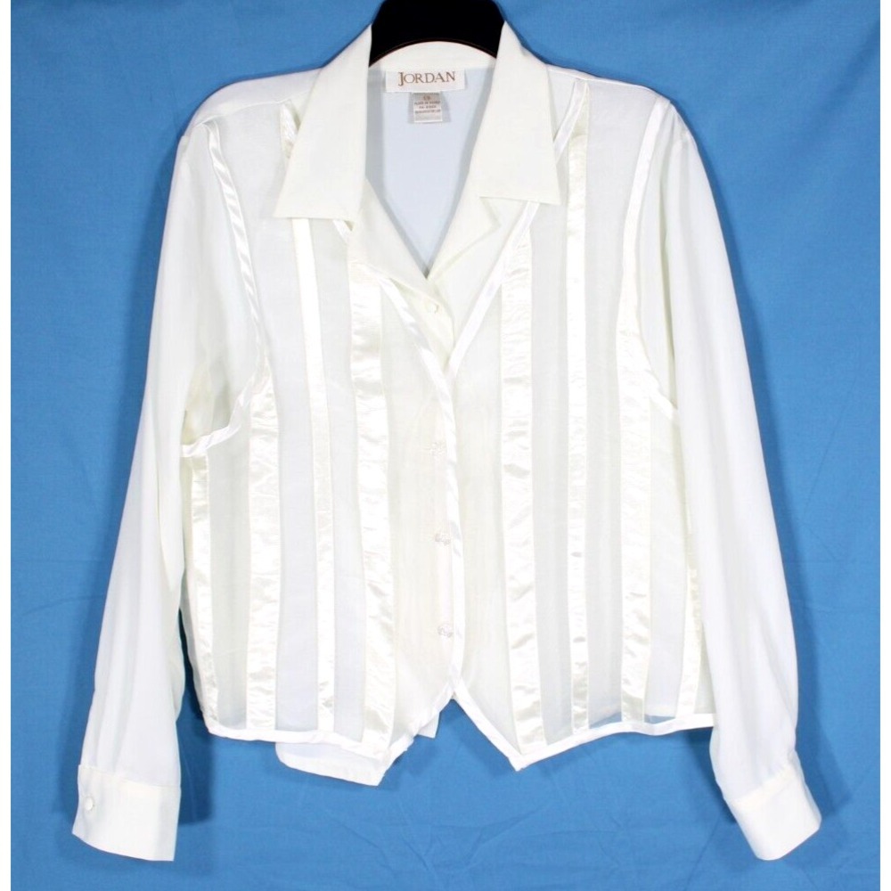 VTG JORDAN Satin & Chiffon Stripes SECRETARY Vest Front Overlay BLOUSE/TOP Sz 14